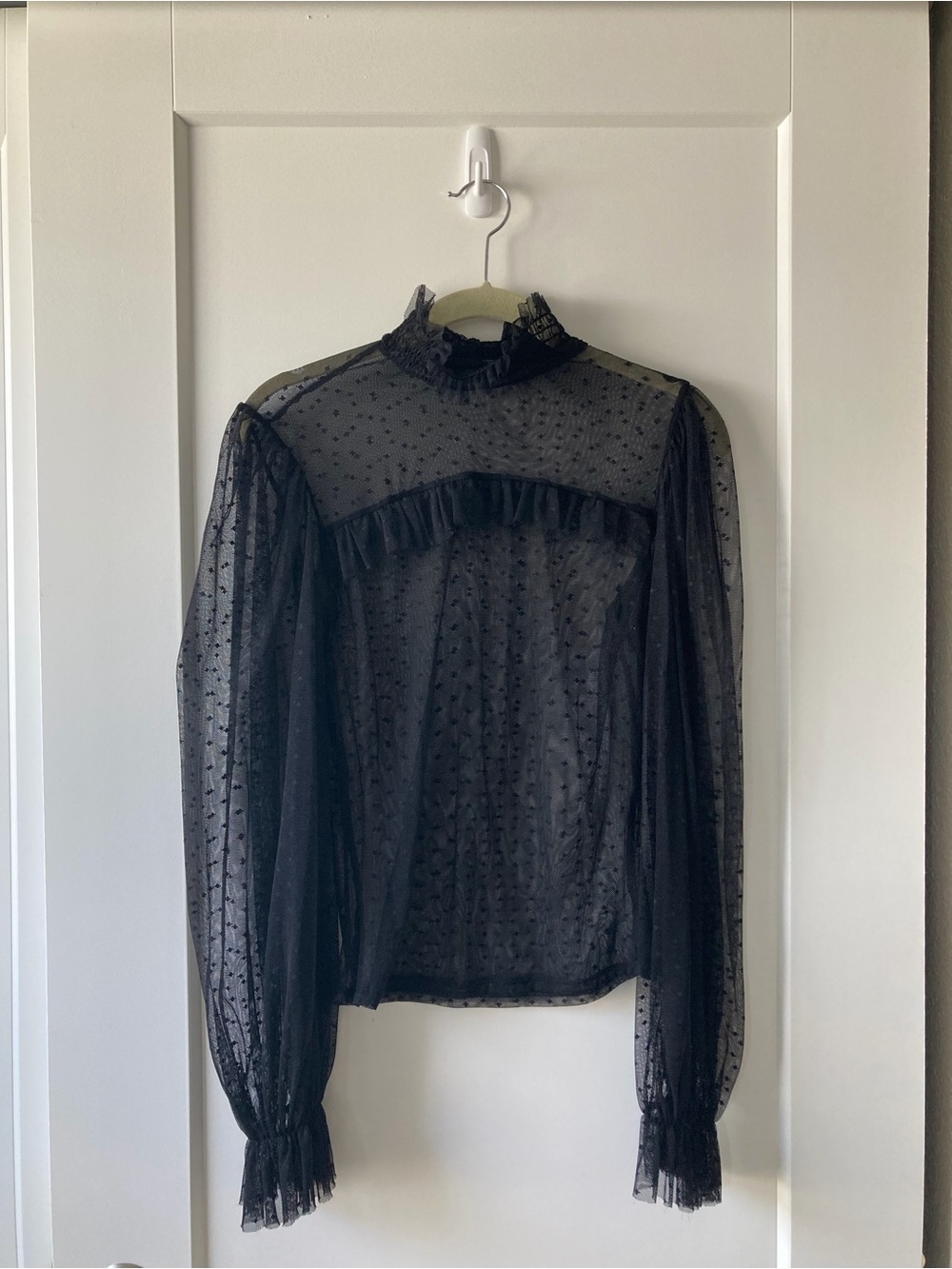 Black Sheer Swiss Dot Ruffle-Neck Blouse
